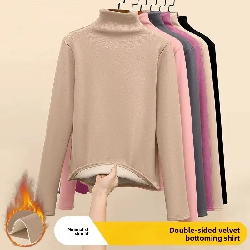 Women Thermal Underwear Winter Thickened and Flannel Bottom Shirt Solid Long Sleeve Basic T-Shirt Heating Fiber Pullovers