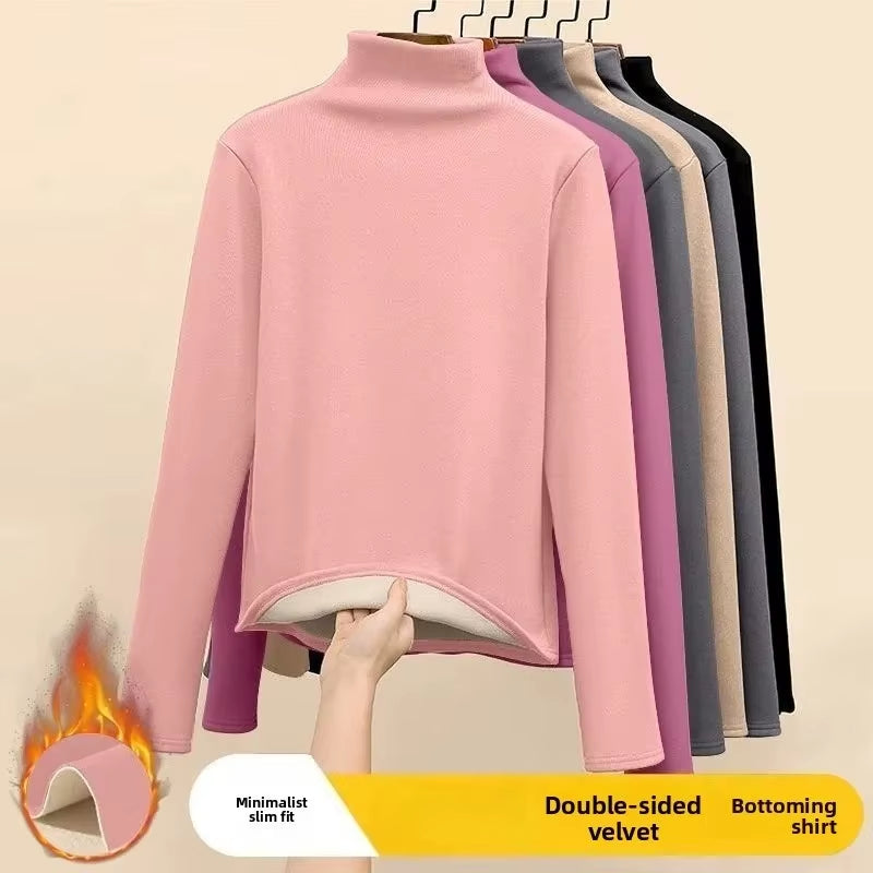 Women Thermal Underwear Winter Thickened and Flannel Bottom Shirt Solid Long Sleeve Basic T-Shirt Heating Fiber Pullovers