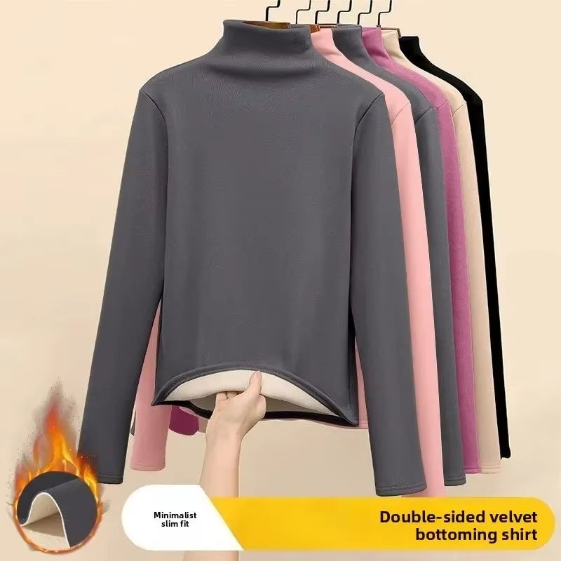 Women Thermal Underwear Winter Thickened and Flannel Bottom Shirt Solid Long Sleeve Basic T-Shirt Heating Fiber Pullovers